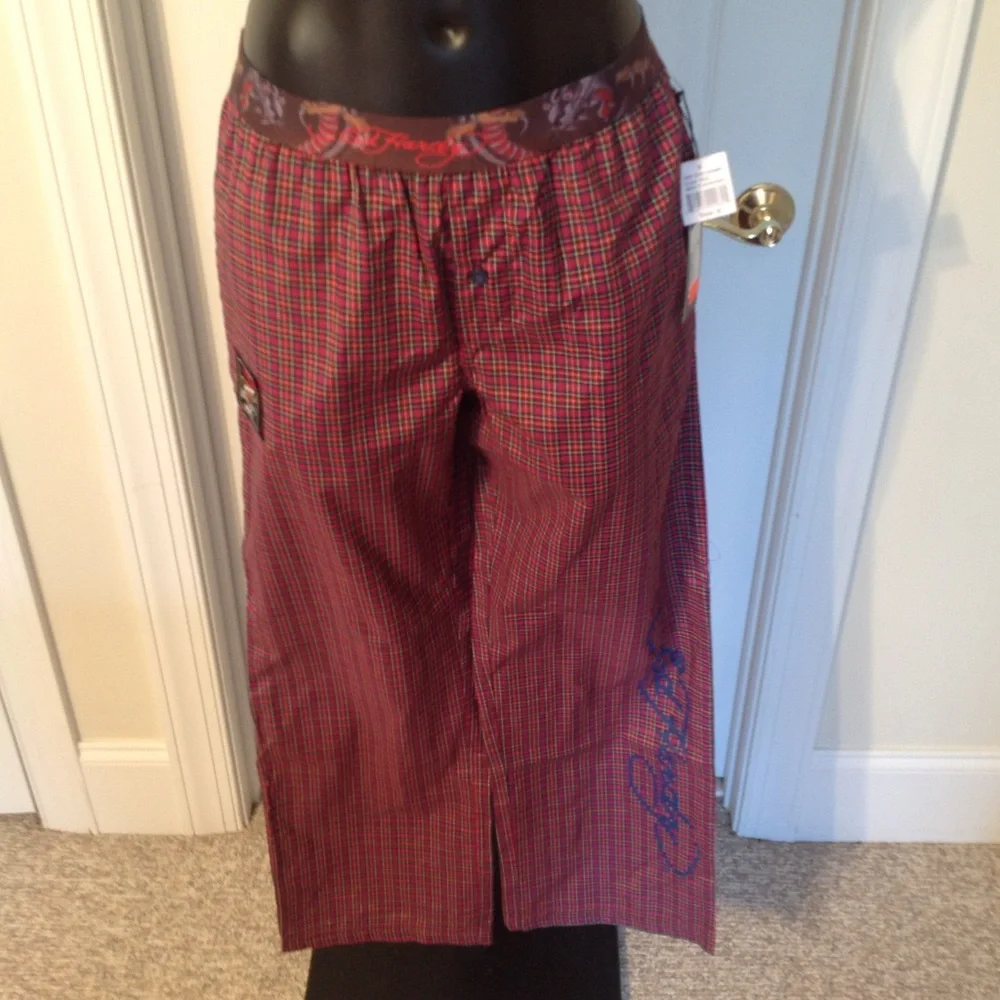 NWT Ed Hardy Plaid Pajama Pants Red Men’s S (28-30) Patch Logo Tattoo Print